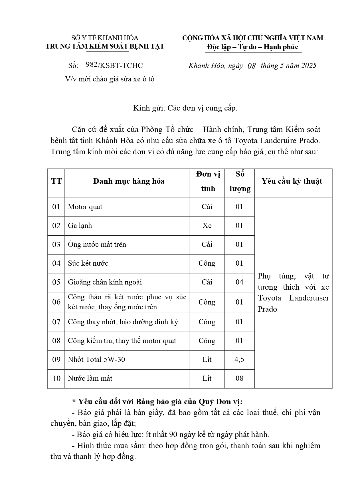 V/v mời chào giá sửa xe ô tô 
